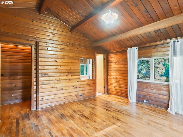 unfurnished room featuring vaulted ceiling with beams, wood ceiling, and light wood-type flooring