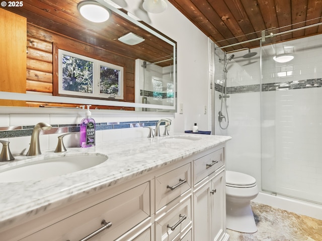 bathroom with toilet, vanity, wood ceiling, and walk in shower