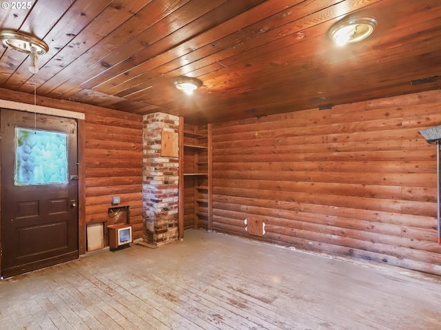 unfurnished living room with wood ceiling, wood-type flooring, and log walls