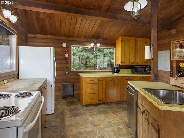 kitchen with lofted ceiling with beams, sink, stainless steel dishwasher, wood ceiling, and electric stove