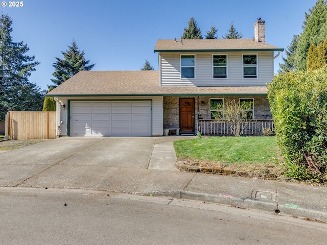 traditional home featuring concrete driveway, a chimney, an attached garage, covered porch, and brick siding