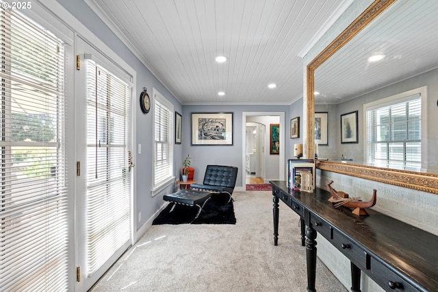 hall with carpet floors, recessed lighting, ornamental molding, arched walkways, and baseboards