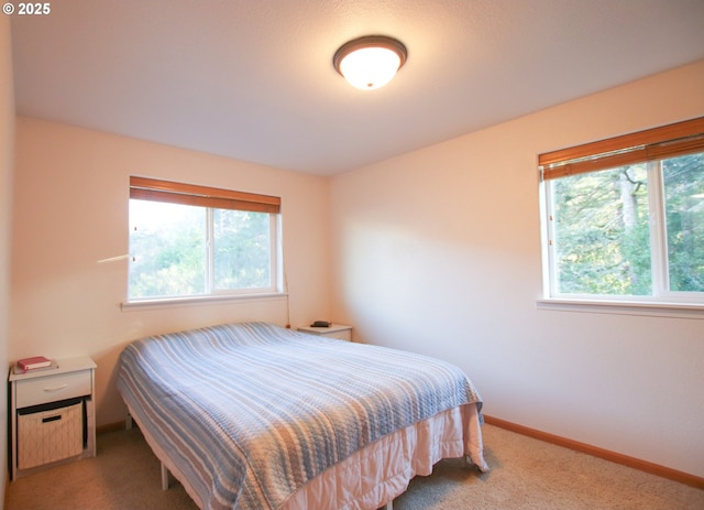 bedroom featuring light colored carpet and multiple windows