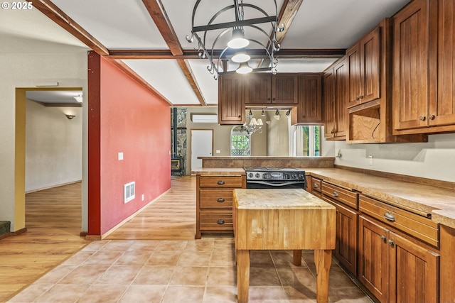 151 Owl Creek Rd, Kelso, WA 98626 - kitchen featuring a peninsula, beamed ceiling, range with electric cooktop, and light wood-style floors