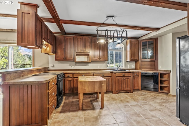151 Owl Creek Rd, Kelso, WA 98626 - kitchen featuring black appliances, beam ceiling, a sink, and a wealth of natural light