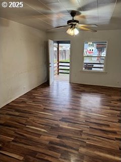 empty room featuring dark wood-type flooring and a ceiling fan