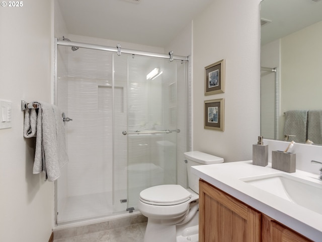 full bath featuring visible vents, tile patterned flooring, a shower stall, vanity, and toilet
