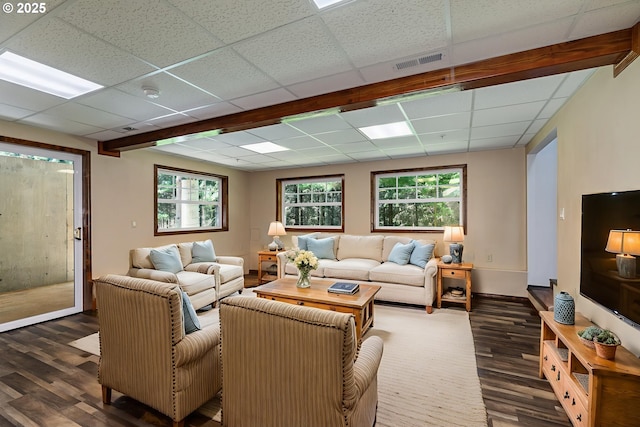 25363 Wonderly Rd, Rainier, OR 97048 - living area with dark wood finished floors, a paneled ceiling, and baseboards