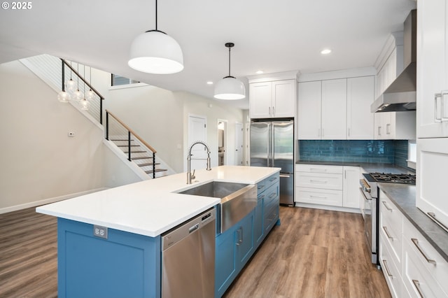 kitchen featuring premium appliances, blue cabinets, a sink, wall chimney exhaust hood, and wood finished floors