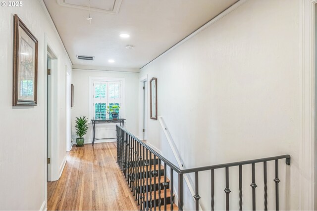 7150 SE 27th Ave, Portland, OR 97202 - hall with an upstairs landing, light wood finished floors, attic access, and recessed lighting