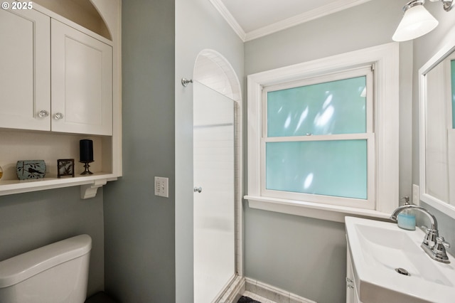 7150 SE 27th Ave, Portland, OR 97202 - bathroom featuring crown molding, a shower stall, and vanity