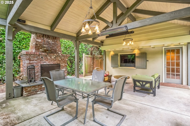 7150 SE 27th Ave, Portland, OR 97202 - view of patio / terrace with an outdoor brick fireplace, outdoor dining space, and a gazebo