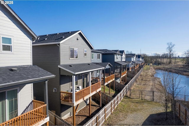 exterior space featuring a fenced backyard and a residential view