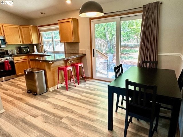 4120 NE 52nd St, Vancouver, WA 98661 - kitchen with appliances with stainless steel finishes, light wood-style floors, dark countertops, a peninsula, and a breakfast bar