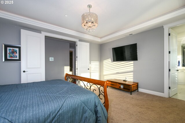 1936 NW Klickitat St, Camas, WA 98607 - bedroom featuring crown molding, a raised ceiling, visible vents, carpet, and an inviting chandelier