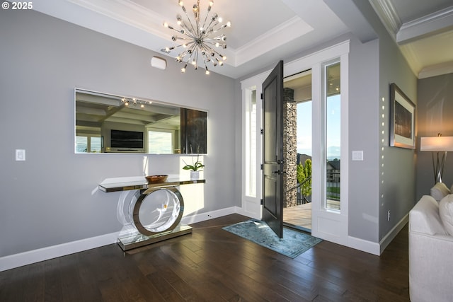 1936 NW Klickitat St, Camas, WA 98607 - foyer featuring a tray ceiling, an inviting chandelier, ornamental molding, baseboards, and hardwood / wood-style flooring
