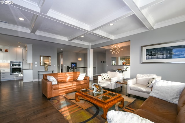 1936 NW Klickitat St, Camas, WA 98607 - living area with coffered ceiling, an inviting chandelier, beam ceiling, and dark wood-style flooring