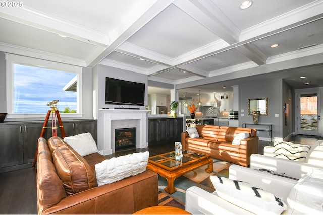 1936 NW Klickitat St, Camas, WA 98607 - living room with crown molding, wood finished floors, coffered ceiling, and beamed ceiling