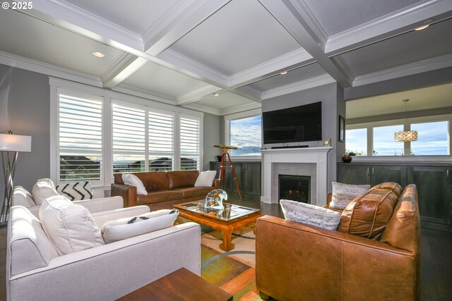 1936 NW Klickitat St, Camas, WA 98607 - living room with coffered ceiling, beamed ceiling, and crown molding
