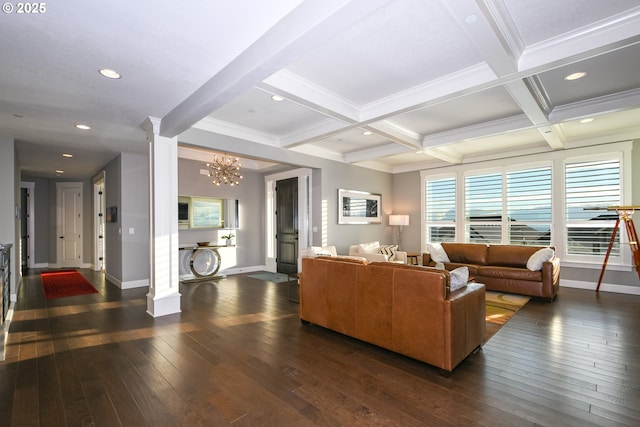 1936 NW Klickitat St, Camas, WA 98607 - living area featuring wood-type flooring, beam ceiling, baseboards, and coffered ceiling