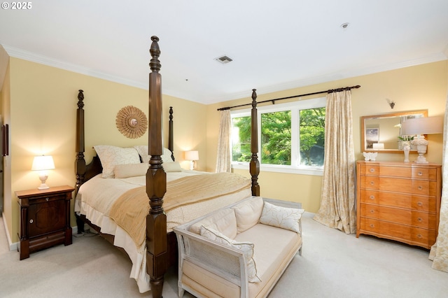 bedroom with light colored carpet and ornamental molding