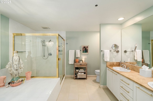 full bath featuring toilet, a shower stall, double vanity, tile patterned floors, and recessed lighting