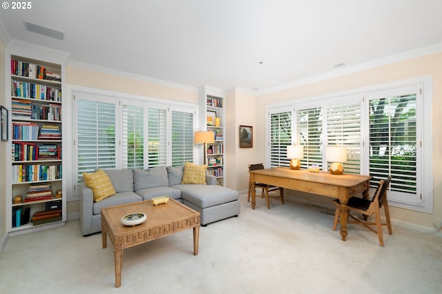 office space with ornamental molding, carpet flooring, and baseboards