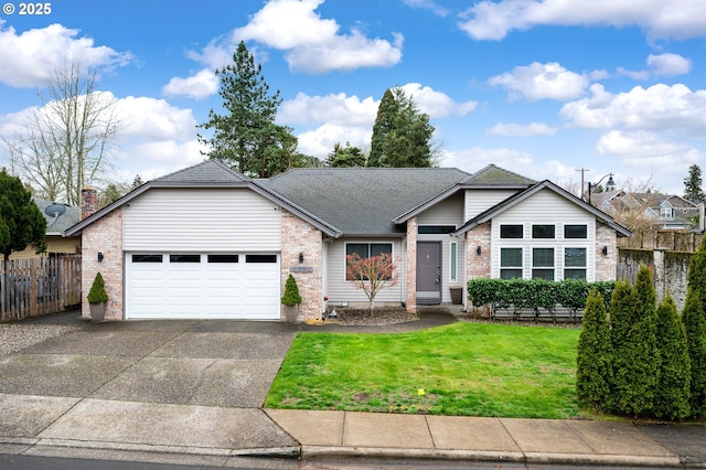 ranch-style home featuring a front yard, fence, an attached garage, concrete driveway, and brick siding