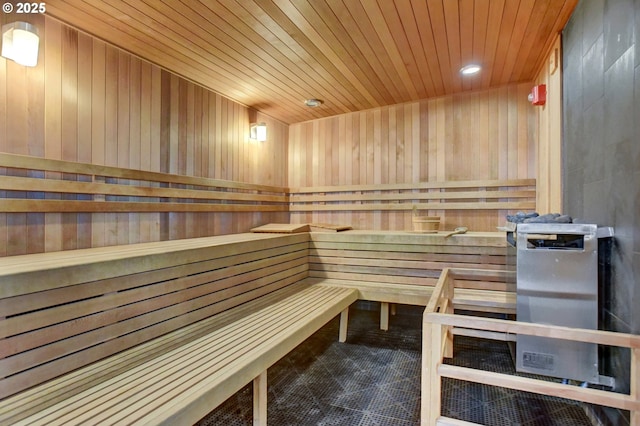 1260 NW Naito Pkwy Unit 103, Portland, OR 97209 - sauna featuring wooden ceiling, wood walls, and recessed lighting