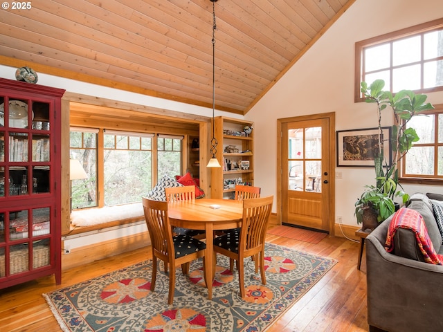 dining area featuring baseboards, high vaulted ceiling, wood ceiling, and light wood-style flooring