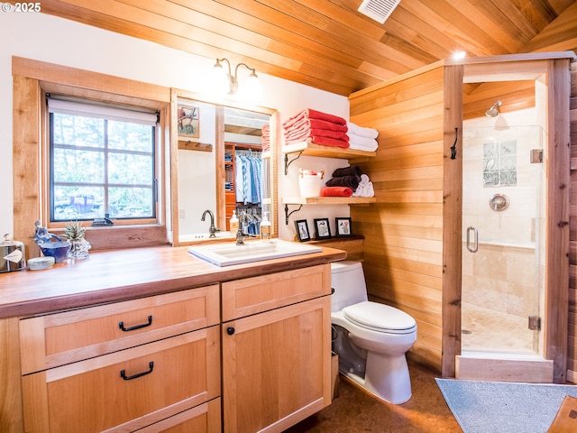 bathroom featuring visible vents, toilet, a stall shower, wooden ceiling, and vanity