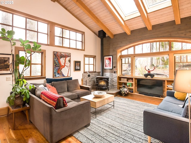 living area featuring a healthy amount of sunlight, a wood stove, and wood finished floors