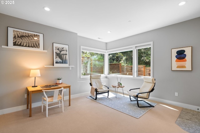 living area featuring baseboards, plenty of natural light, carpet flooring, and recessed lighting