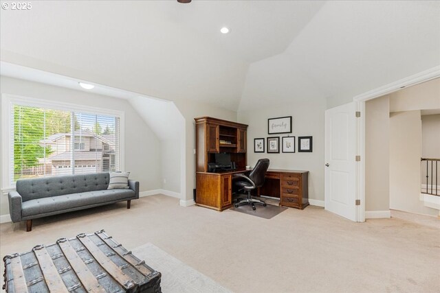 office with baseboards, light carpet, vaulted ceiling, and recessed lighting