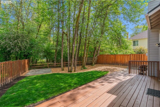 deck featuring a yard and a fenced backyard
