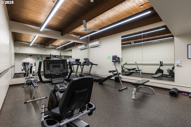 exercise room featuring a wall mounted air conditioner and wooden ceiling