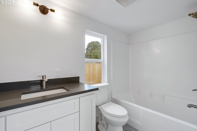full bathroom featuring visible vents, shower / bathtub combination, toilet, and vanity