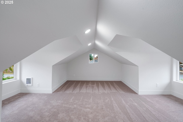 additional living space with carpet floors, baseboards, and lofted ceiling