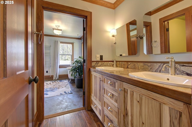 bathroom with crown molding, vanity, and hardwood / wood-style floors