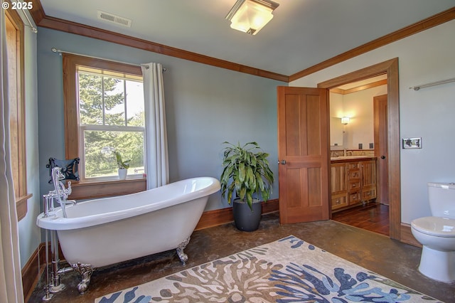 bathroom with a washtub, sink, concrete flooring, ornamental molding, and toilet