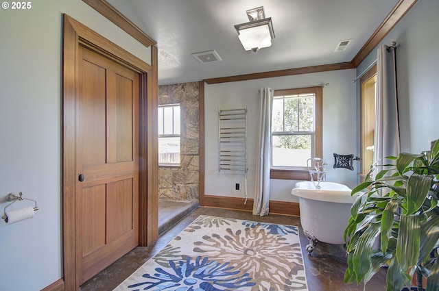 bathroom featuring ornamental molding and a bathtub