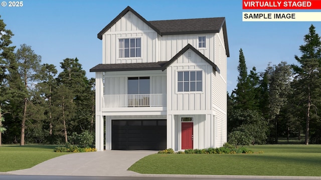 view of front of house with a shingled roof, board and batten siding, a front yard, a garage, and driveway