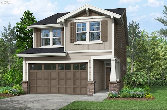 view of front of property with board and batten siding, stone siding, driveway, and an attached garage