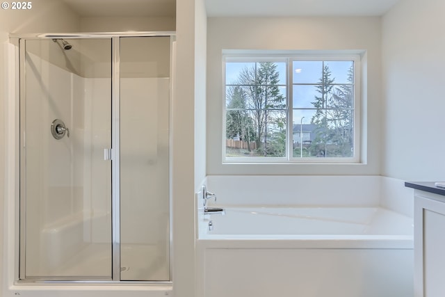 full bathroom featuring vanity, a shower stall, and a bath