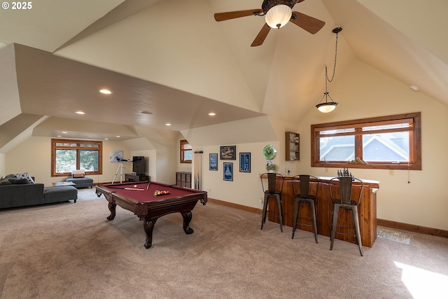 playroom with baseboards, a bar, billiards, and light colored carpet