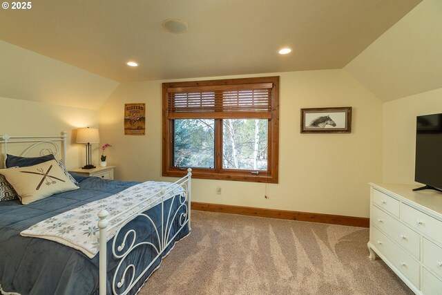 bedroom featuring vaulted ceiling, carpet floors, recessed lighting, and baseboards