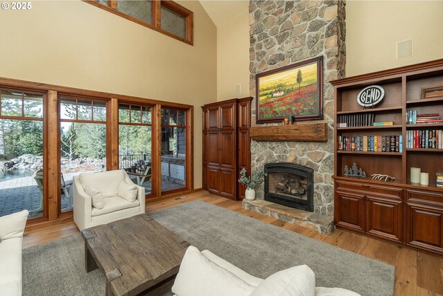 living area featuring high vaulted ceiling, light wood-type flooring, and a stone fireplace