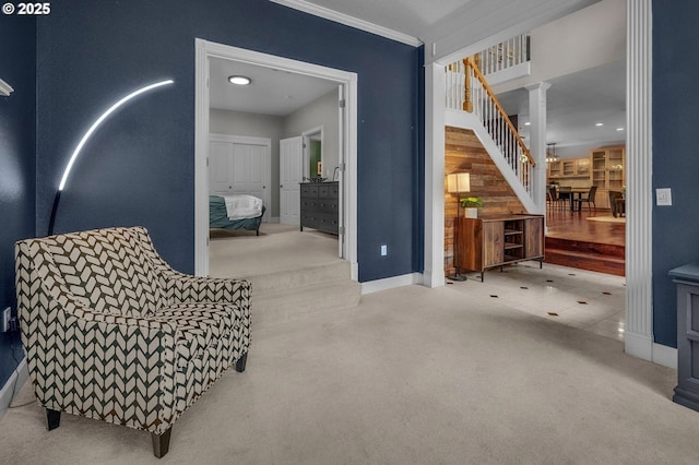 14411 SW 128th Pl, Tigard, OR 97224 - living area featuring baseboards, stairway, carpet flooring, and decorative columns