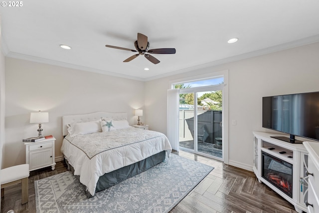 bedroom featuring access to exterior, recessed lighting, ornamental molding, ceiling fan, and baseboards