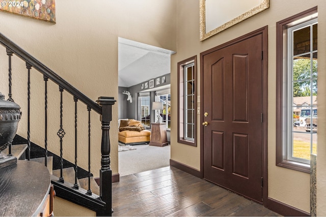 3644 Fall Creek Ct, Keizer, OR 97303 - foyer entrance with stairway, plenty of natural light, dark wood finished floors, baseboards, and a high ceiling